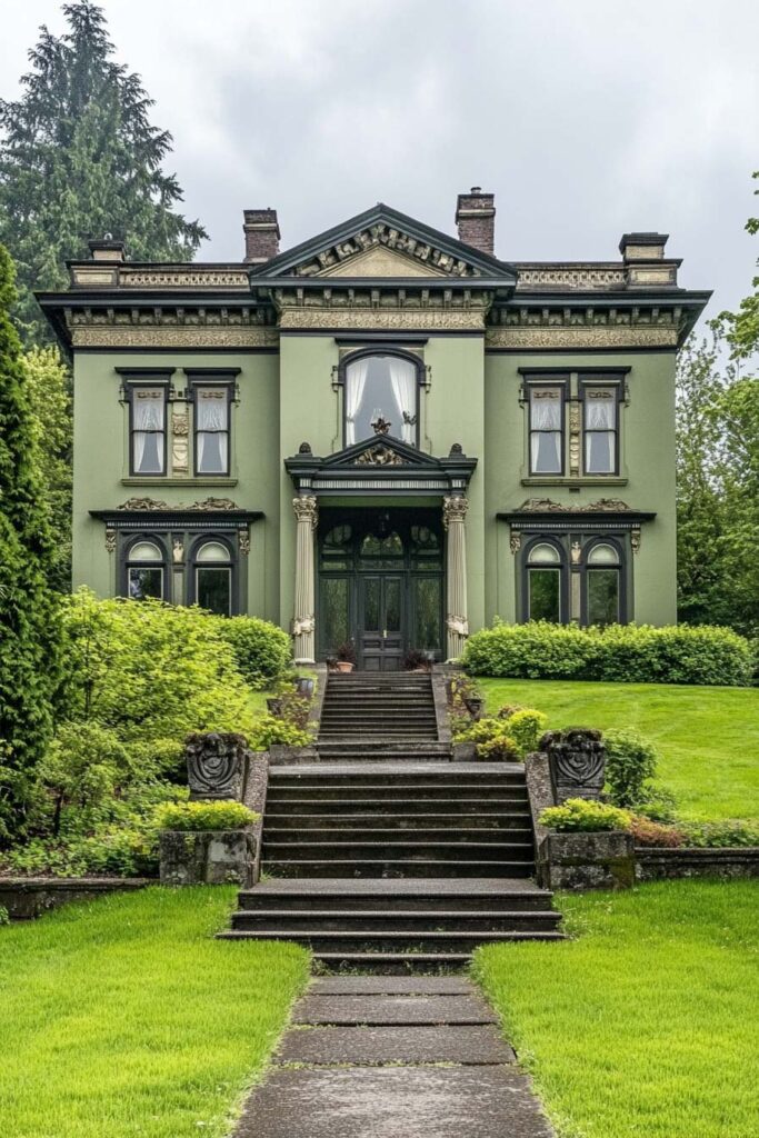 Olive green neoclassical mansion with ornate trim, columns, and symmetrical landscaping surrounded by lush greenery.