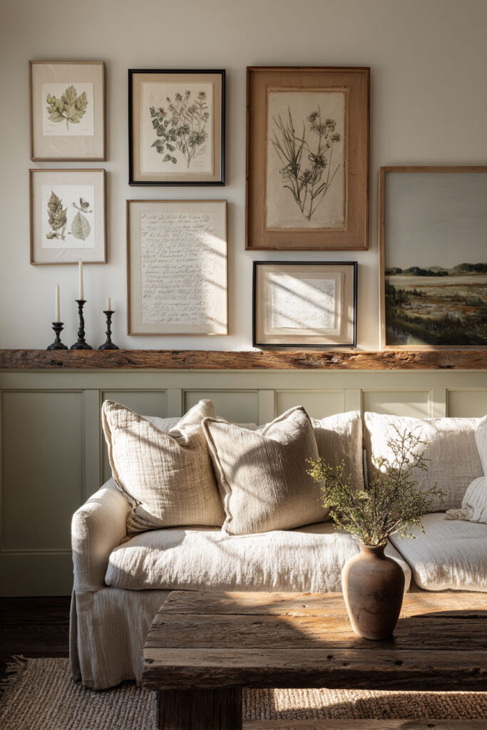 Rustic living room with botanical and handwritten art on ledges above a neutral sofa with linen pillows and wooden coffee table.