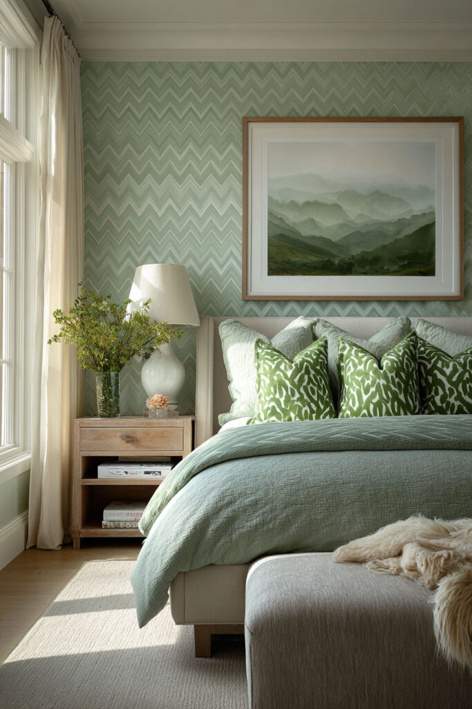 Sage green bedroom with chevron wallpaper, patterned pillows, and natural wood furniture for a modern and cozy look.