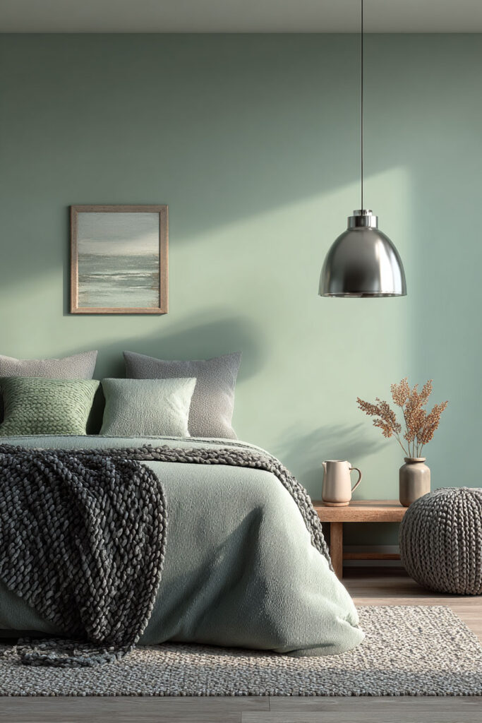 A serene sage green bedroom featuring a metallic pendant light, layered knit textures, and minimalist decor for a modern cozy feel.