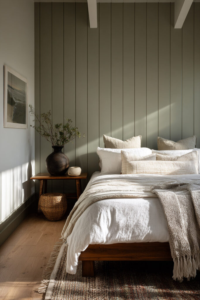 Bedroom with sage green vertical wall paneling, neutral linen bedding, and natural wood decor in warm morning light.