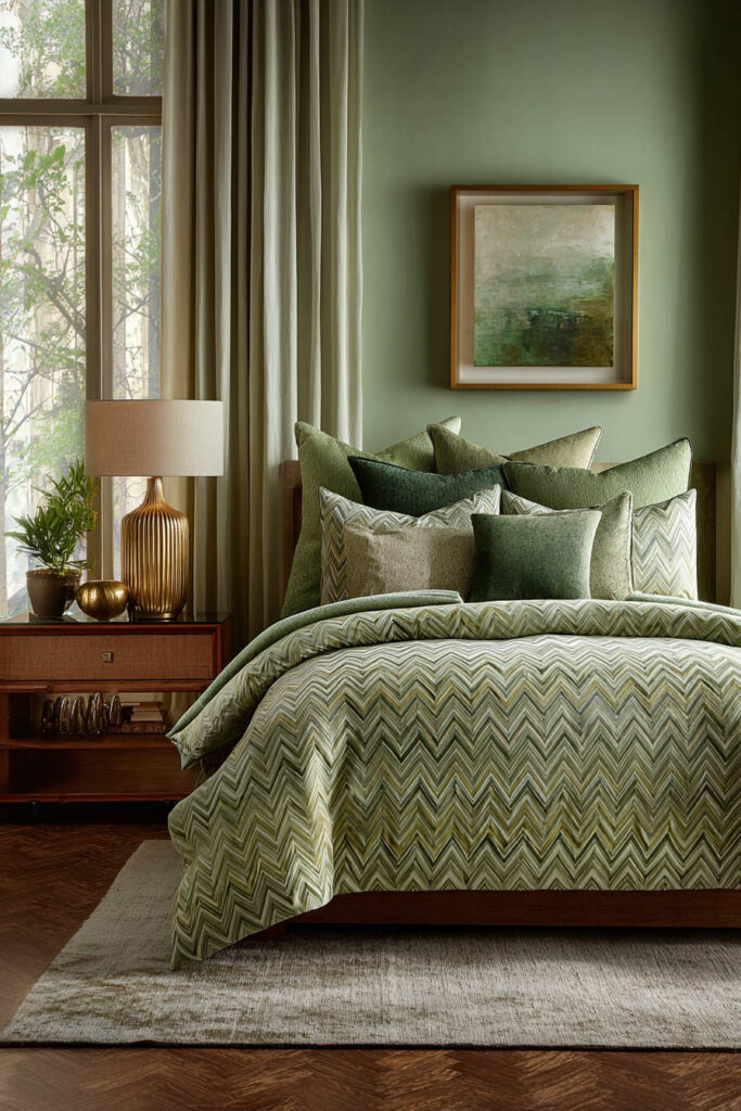 Elegant sage green bedroom with chevron bedding, layered pillows, and warm gold and wood accents for a cozy modern style.
