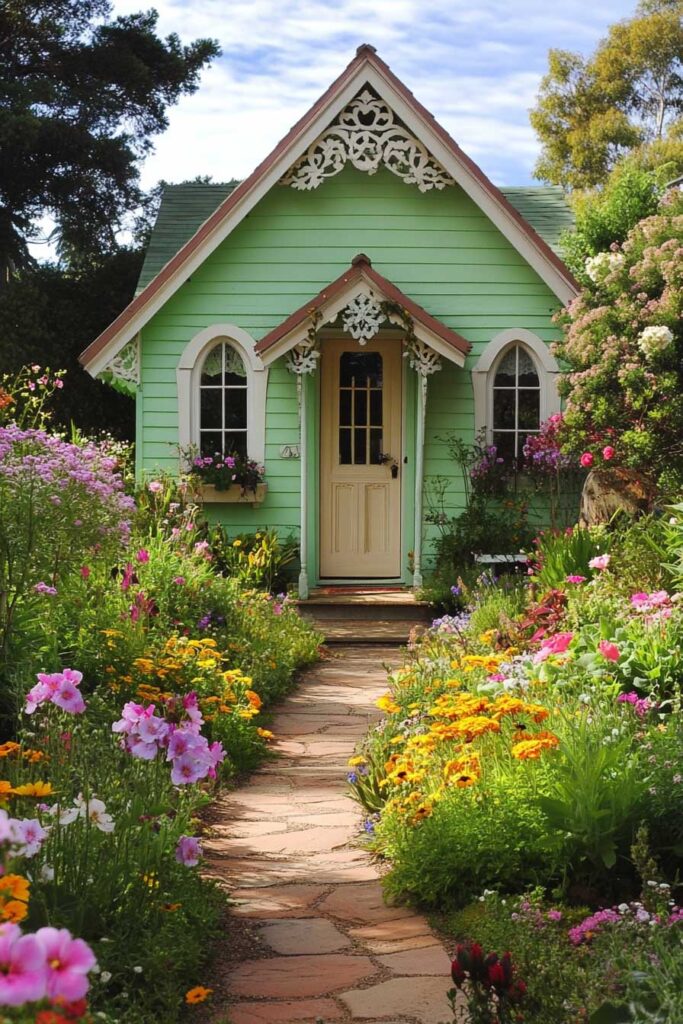 Mint green cottage with white gingerbread trim, arched windows, and colorful wildflower garden pathway.