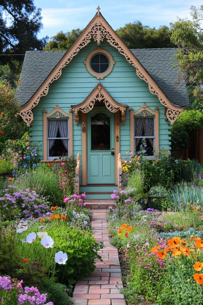 Mint green Victorian-style cottage with ornate trim and a colorful flower garden pathway.