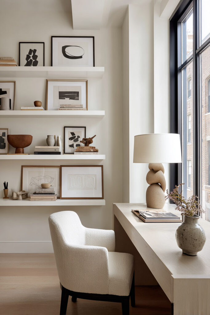 Modern home office with abstract art on floating ledges, sculptural lamp, neutral chair, and natural light from large window.