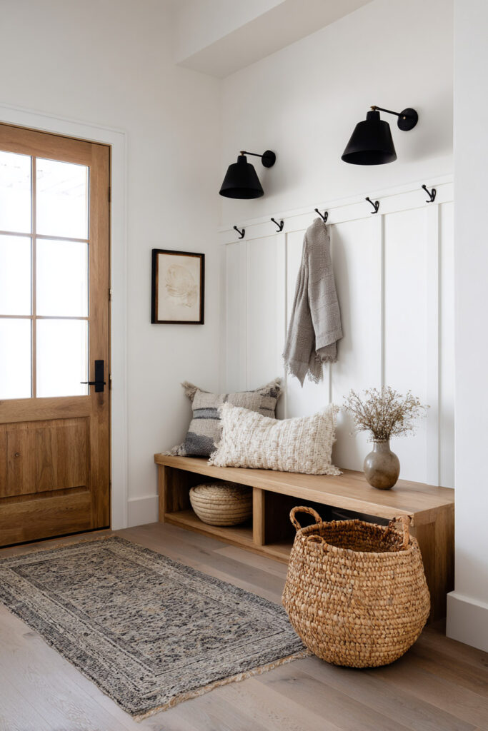 Neutral entryway with a light wood bench, woven basket, textured pillows, and black wall sconces for a modern farmhouse look.