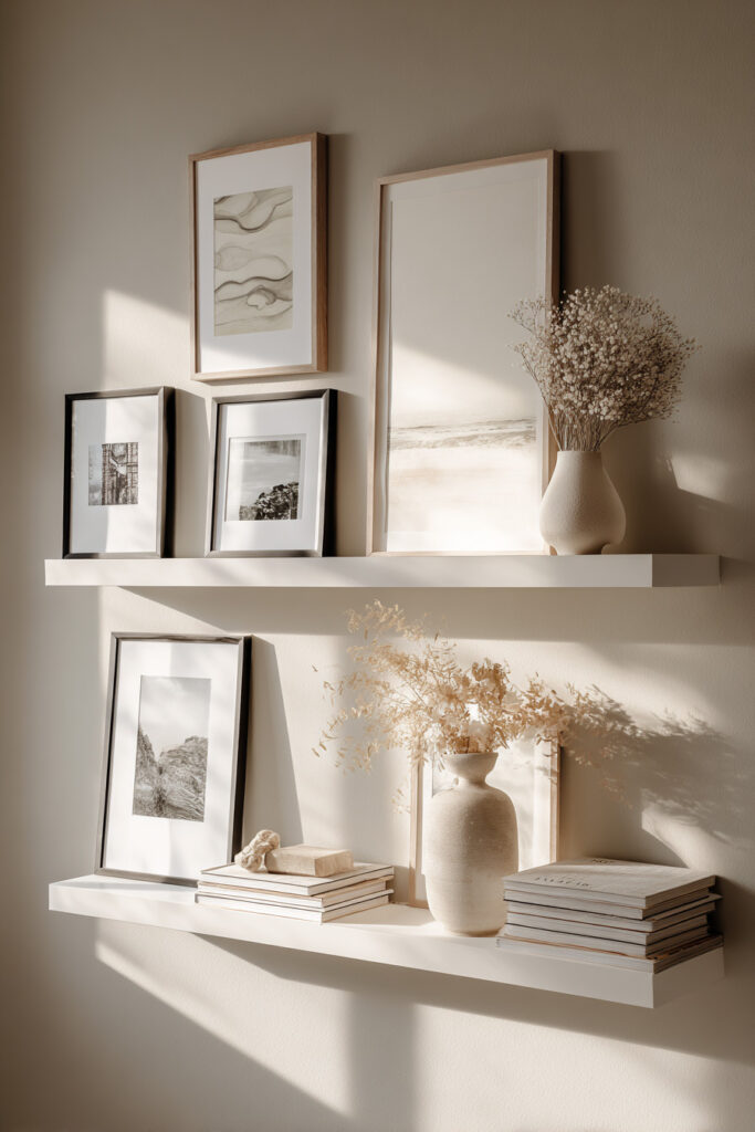 Neutral gallery wall using floating ledges with framed art, ceramic vases, dried stems, and natural sunlight