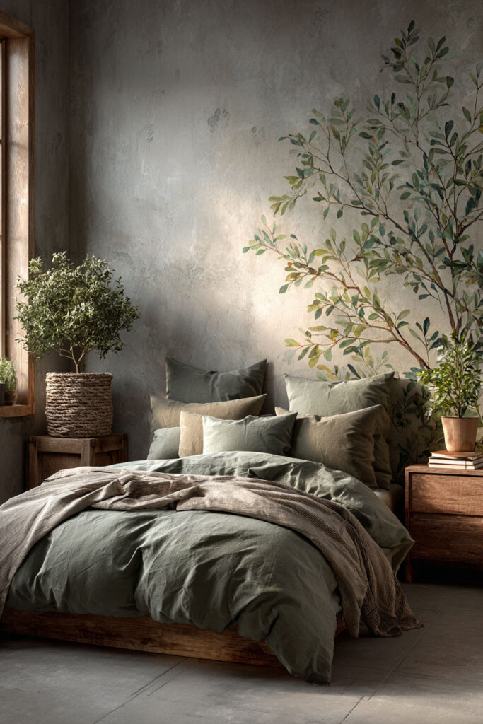 A nature-inspired sage green bedroom featuring a hand-painted botanical wall mural, wooden furniture, and earthy layered bedding.