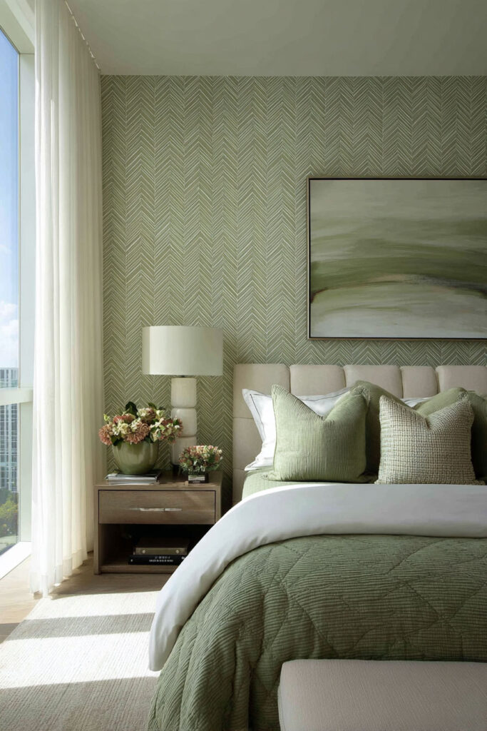 Modern bedroom with sage green chevron wallpaper, matching bedding, and minimalist decor in soft natural light.