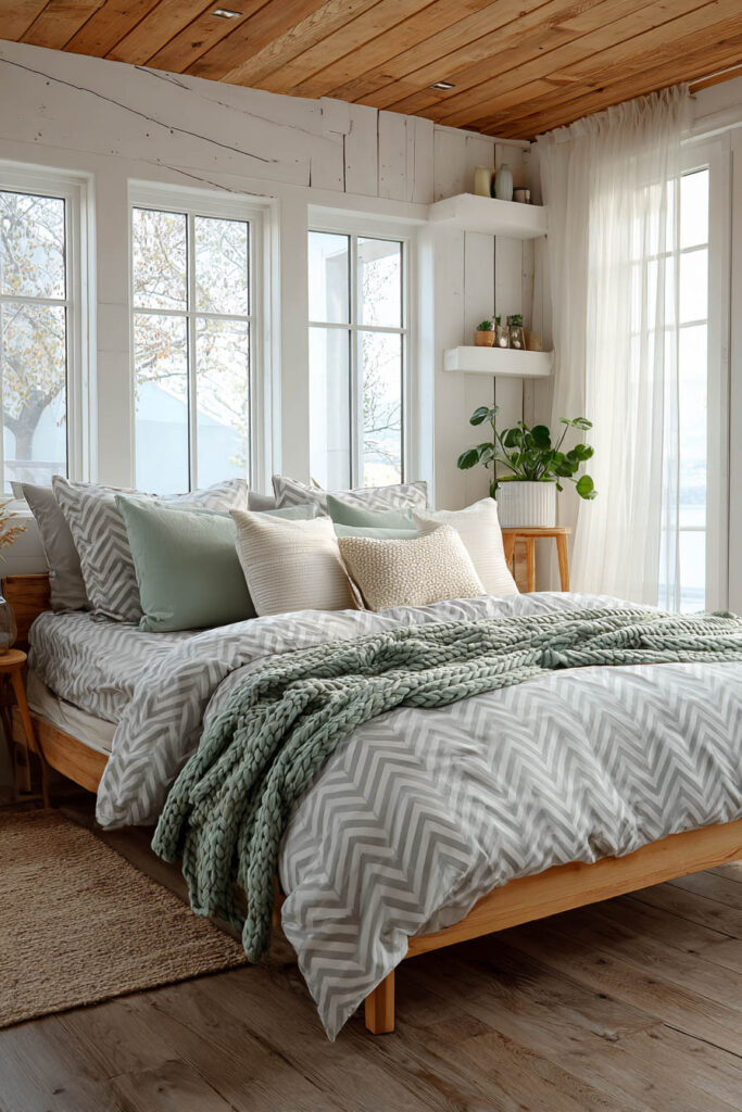 Cozy farmhouse bedroom with sage green accents, chevron bedding, and wood ceiling for a bright modern rustic look.