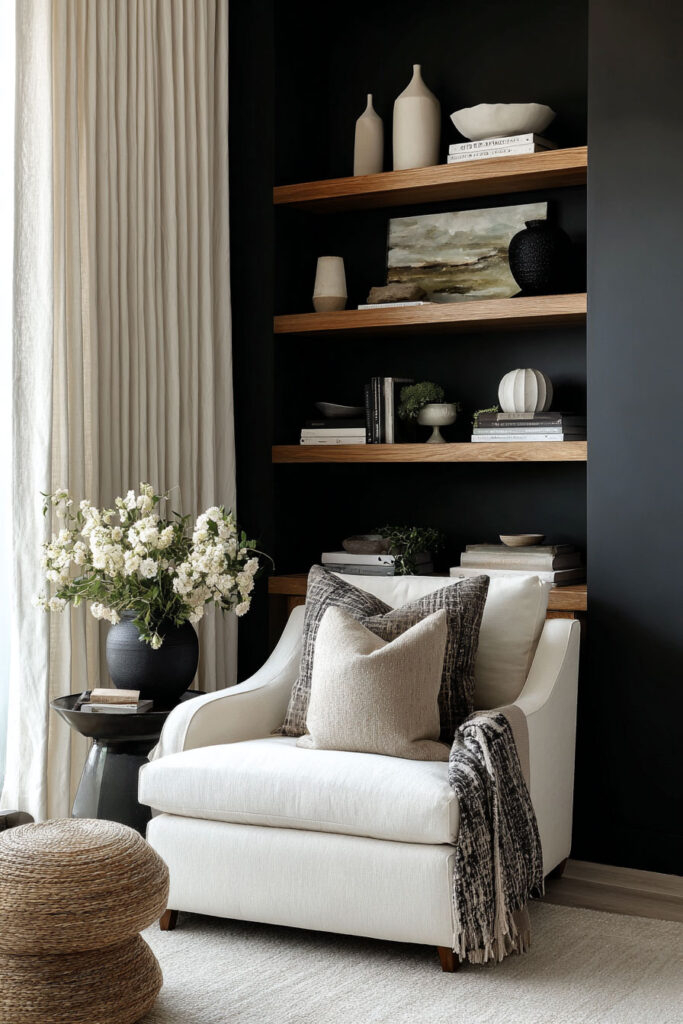 Cozy reading nook with a white armchair, wood floating shelves, black accent wall, and neutral decor for a warm, modern look.