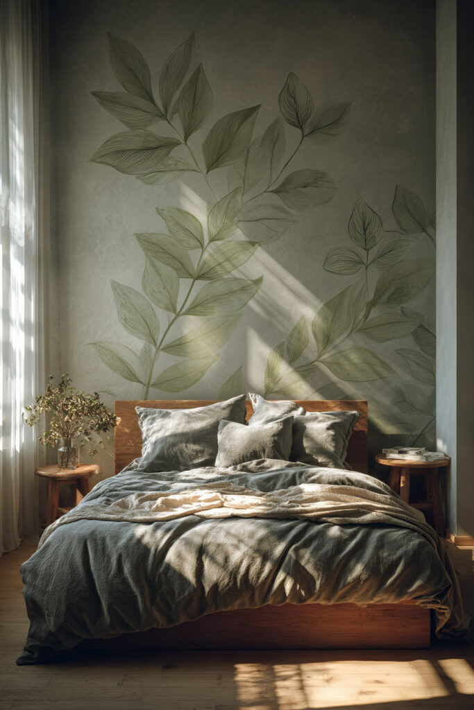 A tranquil bedroom featuring a hand-painted sage green leaf mural, soft linen bedding, and warm natural light for a serene, organic feel.