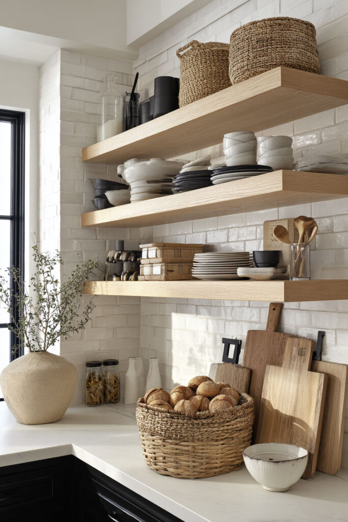 Open kitchen shelves styled with black and white dishware, natural wood accents, and woven baskets, set against white brick tiles and black cabinetry.