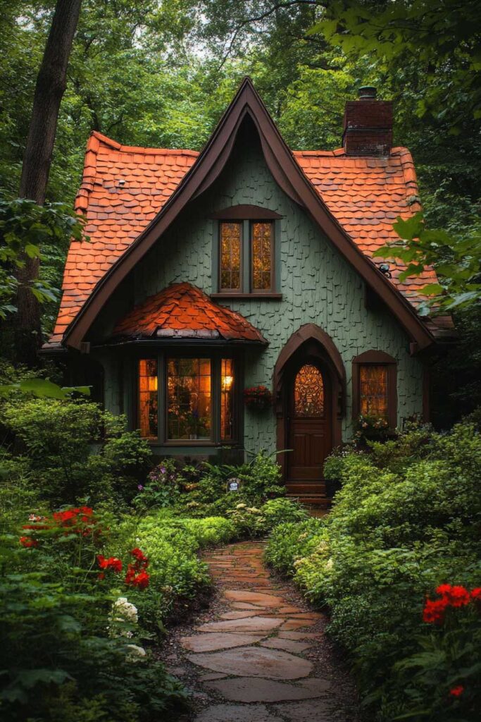 Sage green fairytale cottage with terracotta roof, arched wooden door, and garden path surrounded by lush forest.