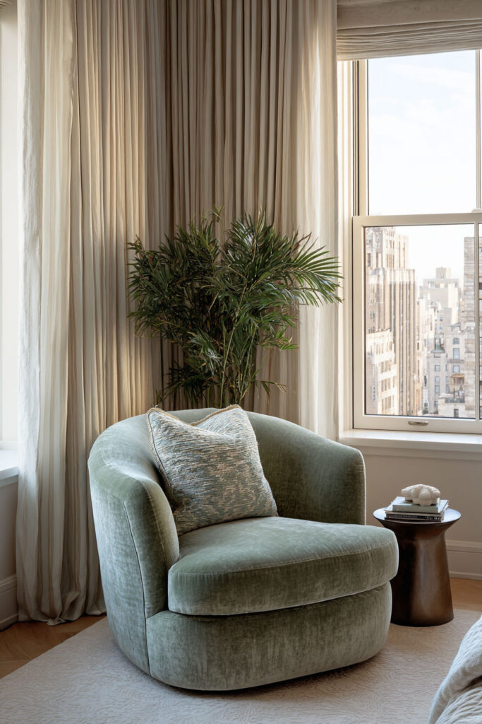 Sage green velvet accent chair by a window with long drapes and indoor palm plant in a cozy bedroom corner.