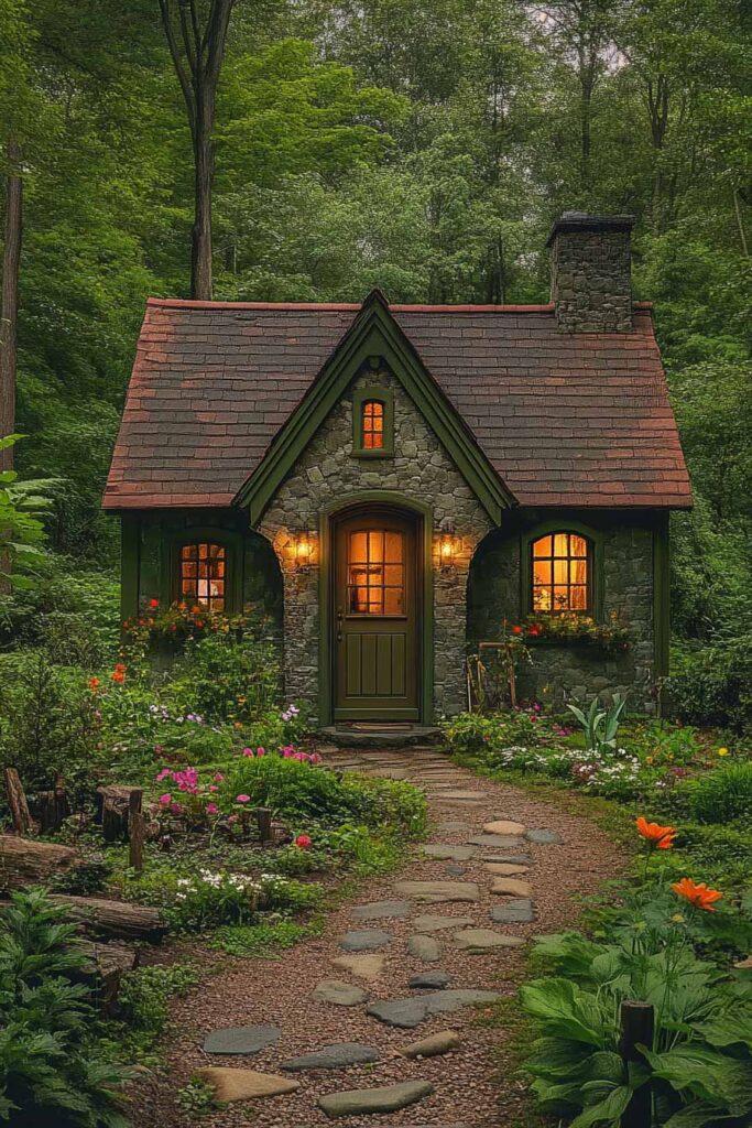 Stone cottage with moss green trim and warm glowing windows surrounded by forest greenery and wildflowers.