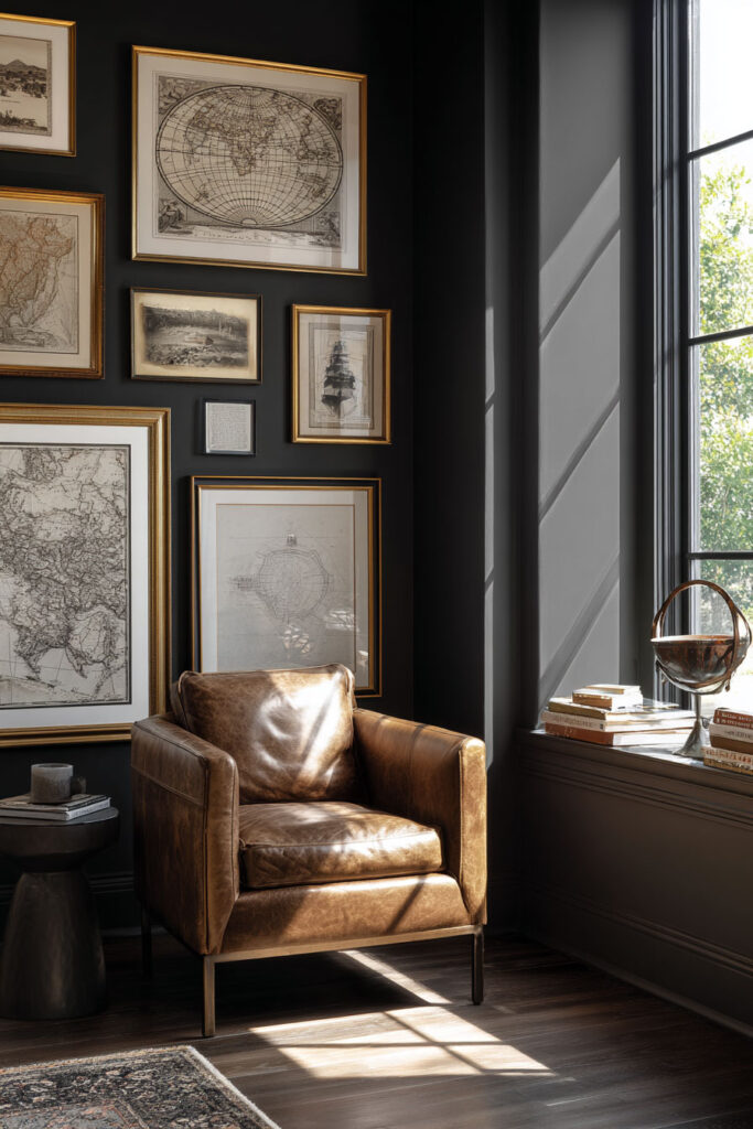 Dark gray reading nook with vintage map gallery wall, brown leather chair, and gold-framed artwork by large window.