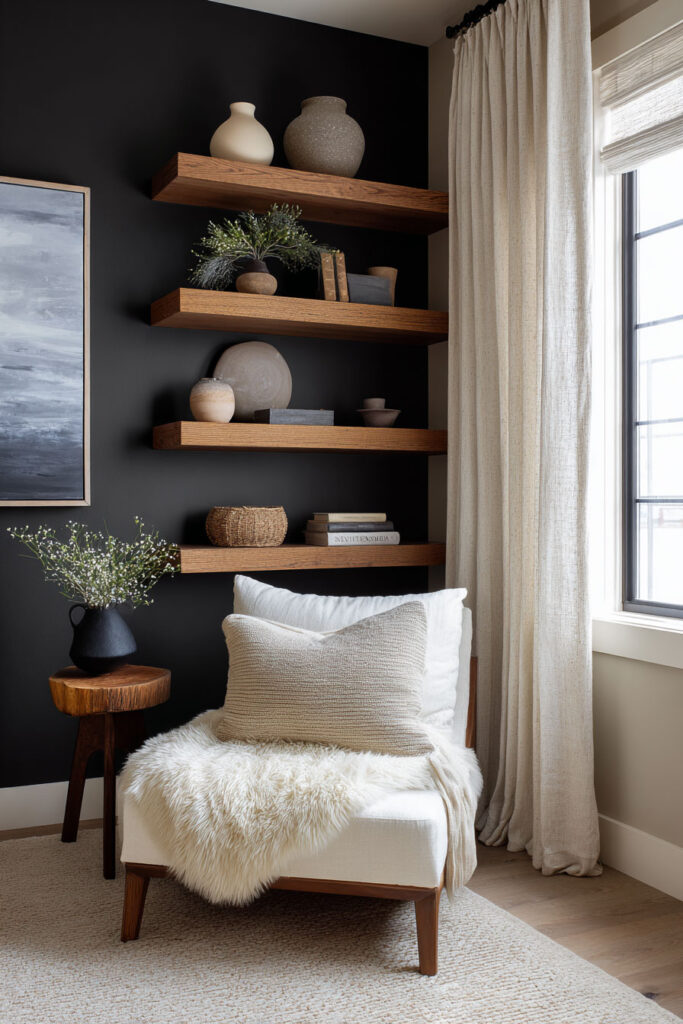 Modern corner with a black accent wall, floating wood shelves, neutral pottery, and a cozy white chair with textured pillows.