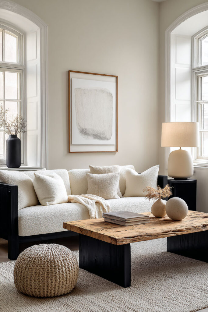 Neutral black and white living room with boucle sofa, rustic wood coffee table, and sculptural decor.
