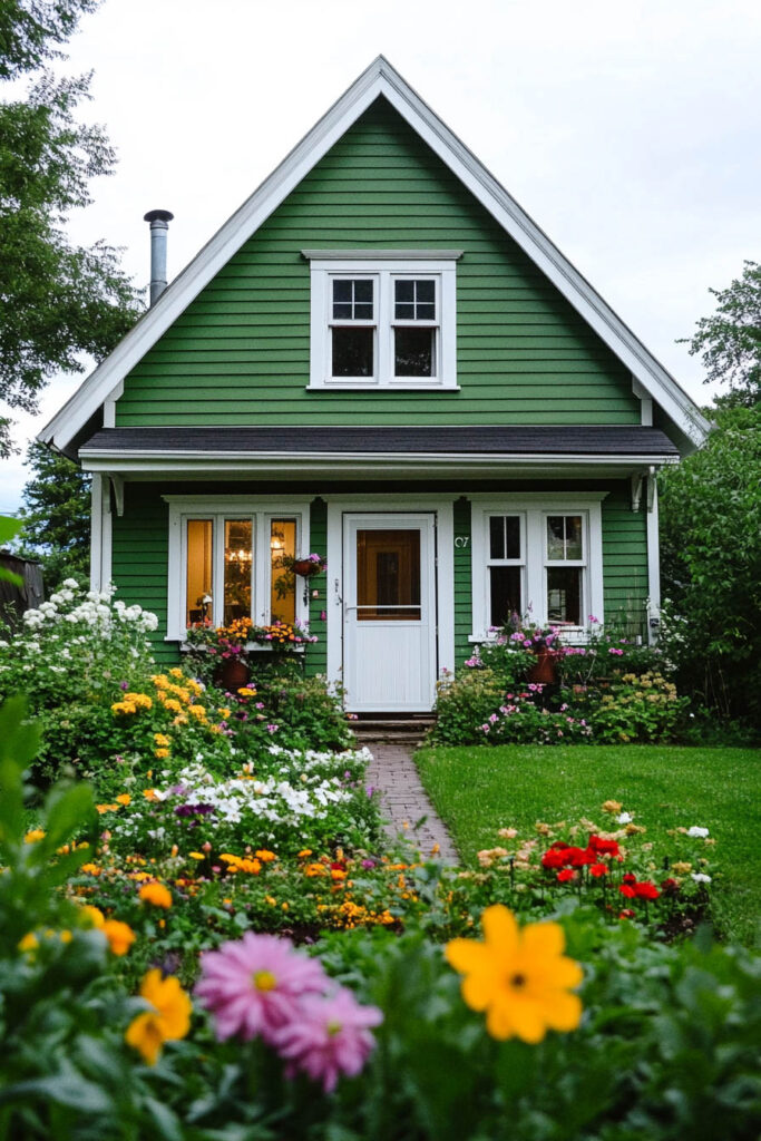 Green cottage with white trim and door, surrounded by colorful flower garden and lush lawn.