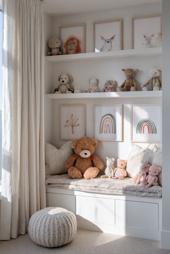 Kids’ nook with floating ledges, framed animal and rainbow art, plush toys, and cozy cushions in soft natural light.