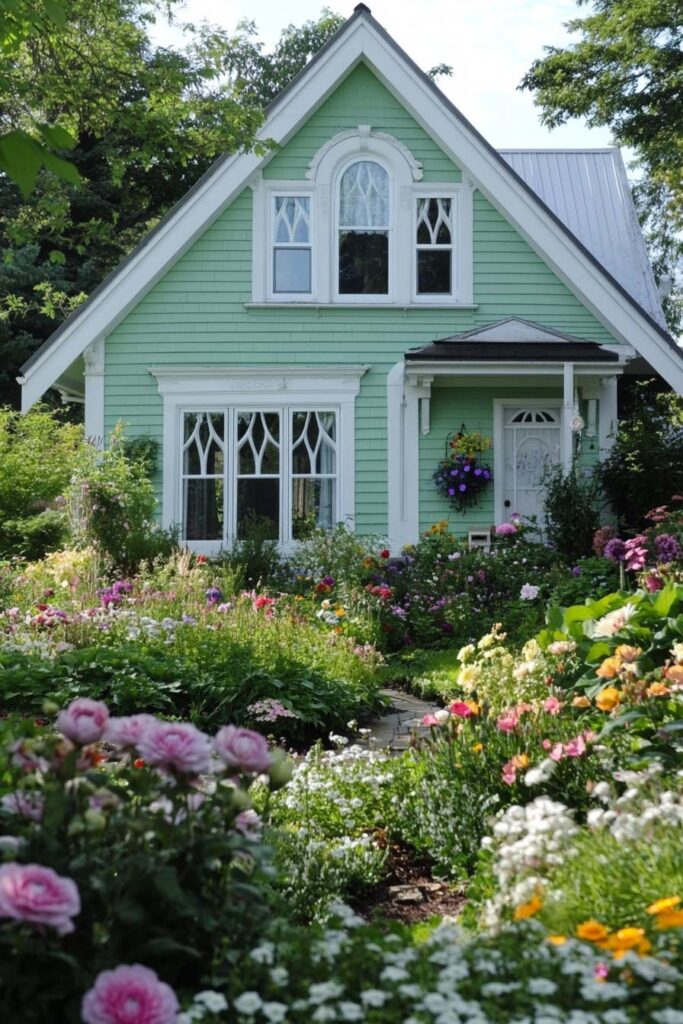 Mint green cottage with white trim and Gothic windows surrounded by vibrant flower garden.