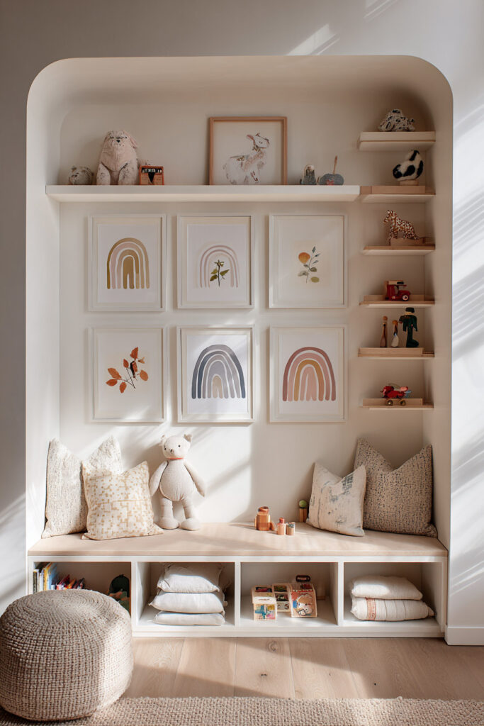 Neutral nursery nook with rainbow wall art, built-in shelves, soft pillows, and wooden toy decor.