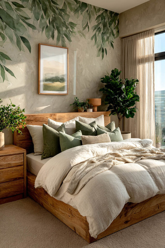 A bright sage green bedroom featuring a leafy wall mural, natural wood furniture, soft linen bedding, and lush indoor plants.