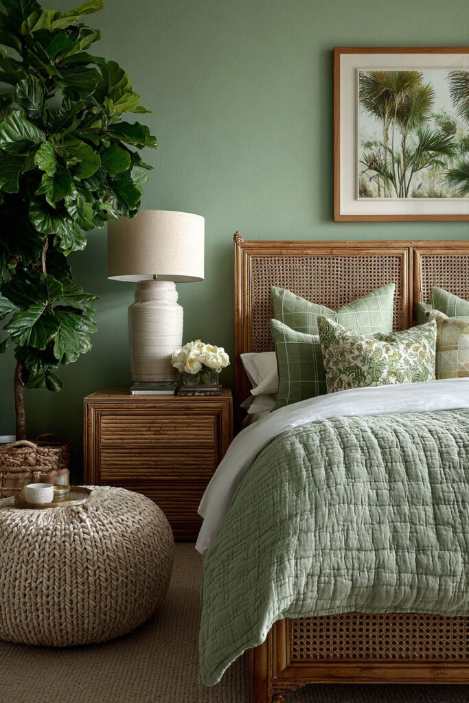 Bedroom with sage green walls, rattan furniture, tropical leaf prints, and natural woven textures for a relaxed tropical look.