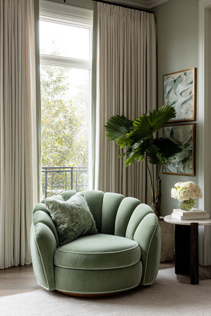 Sage green velvet accent chair in a cozy bedroom corner with layered greenery, soft curtains, and abstract wall art.