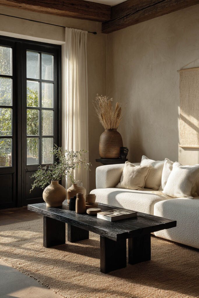 Earthy black and white living room with boucle sofa, black coffee table, and natural pottery