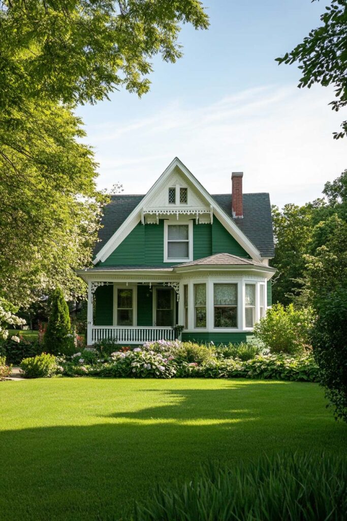 Dark green Victorian house with white trim and wraparound porch surrounded by garden flowers and lush lawn.