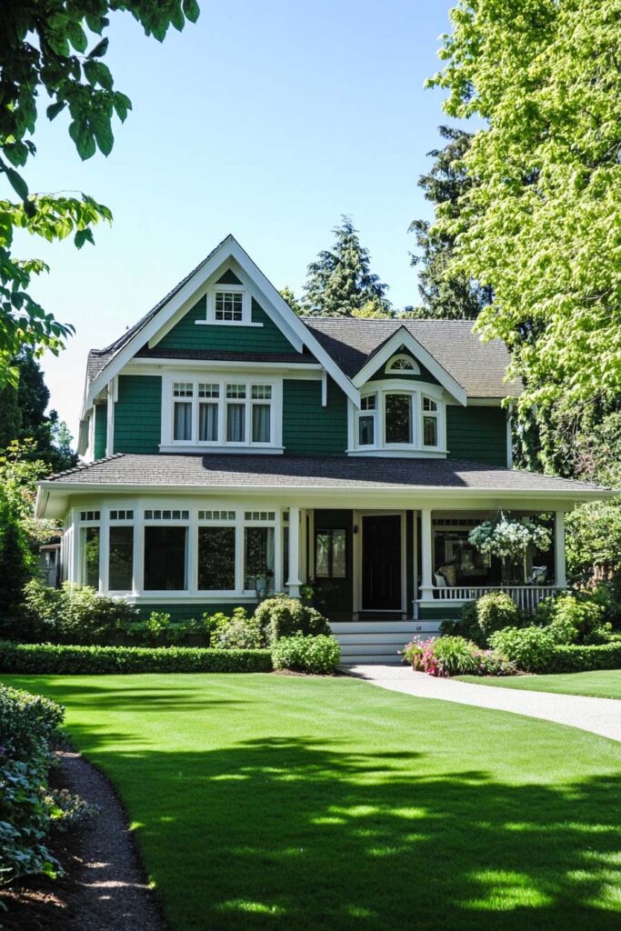 Green craftsman-style home with white trim and wraparound porch surrounded by manicured lawn and garden.