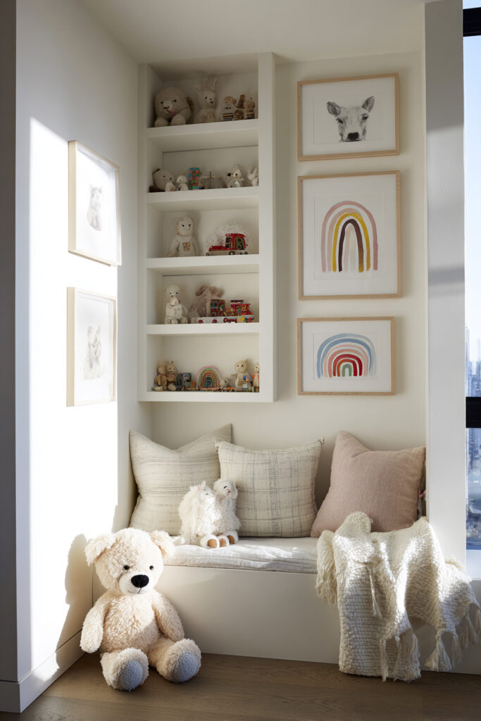 Kids’ reading nook with built-in shelves, framed rainbow art, plush toys, and cozy neutral pillows