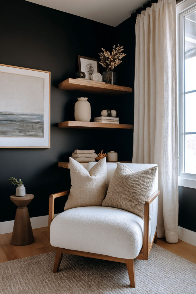 Modern black wall corner with floating wood shelves, a cozy white chair, and neutral decor accents for a warm minimalist look.