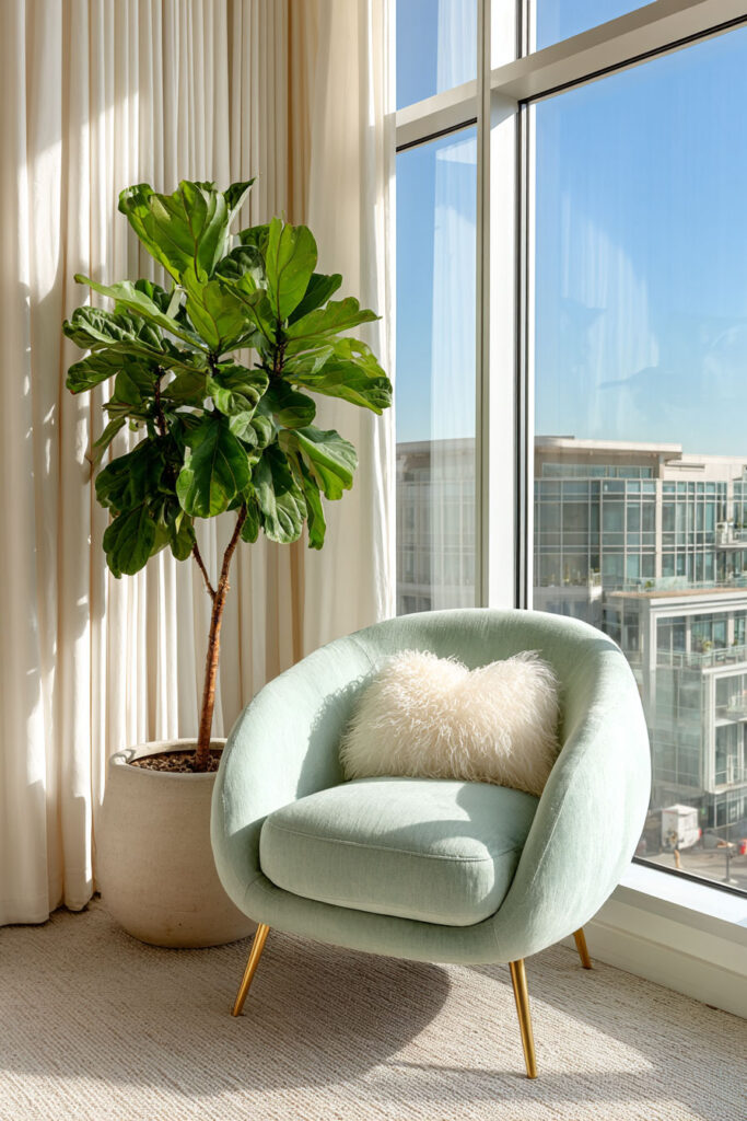Modern reading nook with sage green accent chair, gold legs, fluffy pillow, and fiddle leaf fig by a sunny window.