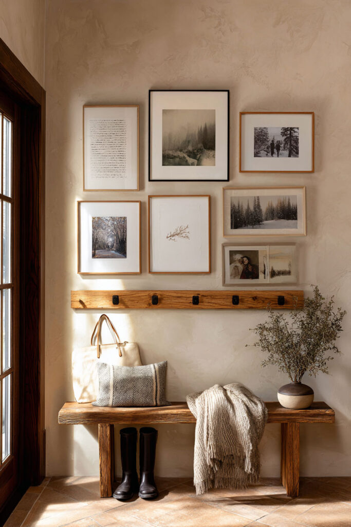 Rustic entryway with wooden bench, neutral throw blanket, framed wall art, and coat hooks on textured beige wall.