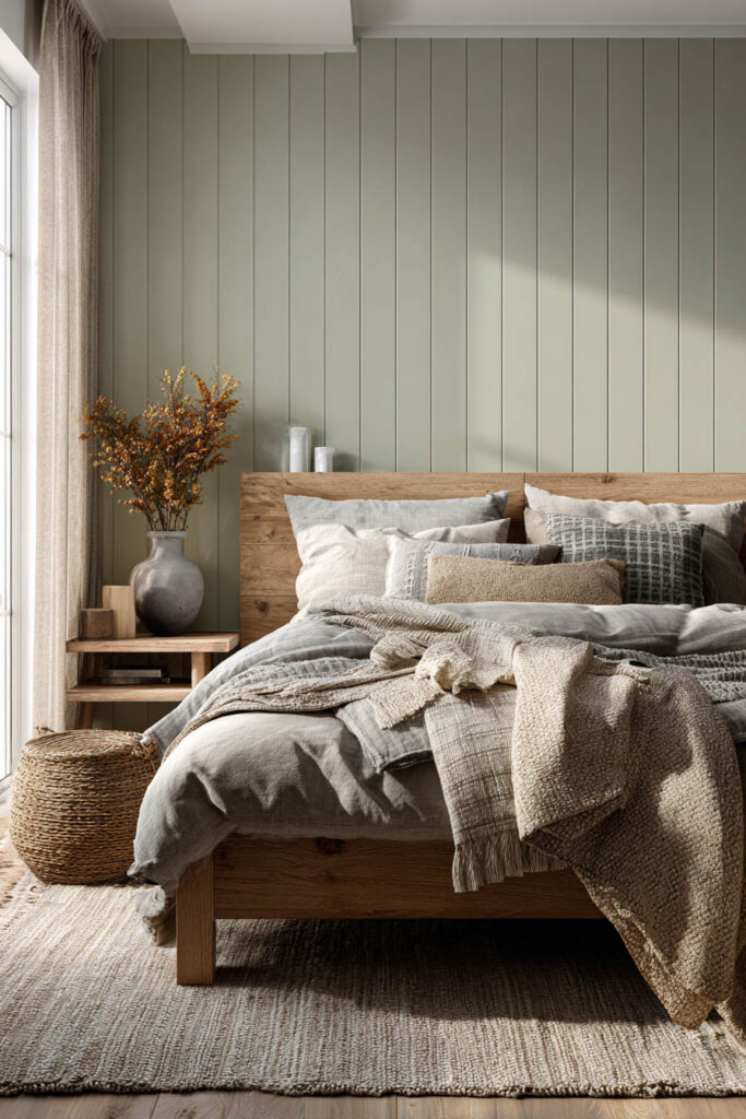A cozy farmhouse bedroom featuring sage green shiplap walls, natural wood furniture, and layered linen bedding in soft neutral tones.