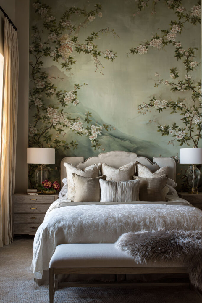 Elegant bedroom with sage green floral mural, neutral bedding, and natural light for a romantic nature-inspired design.