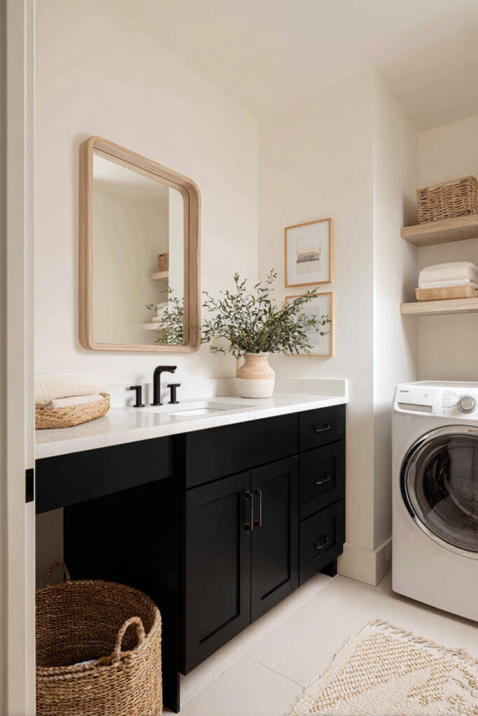Modern black and white laundry room with wood shelves, woven baskets, and natural accents for a warm minimalist look.