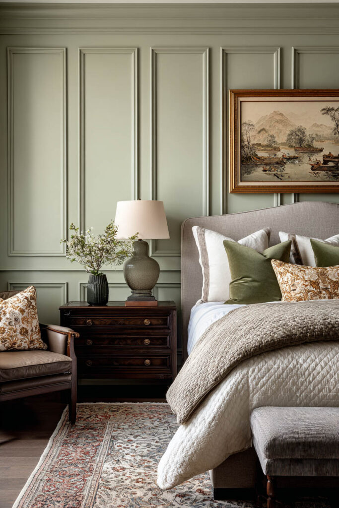 Elegant bedroom featuring sage green wall paneling, vintage artwork, traditional furniture, and layered neutral bedding with warm accents.