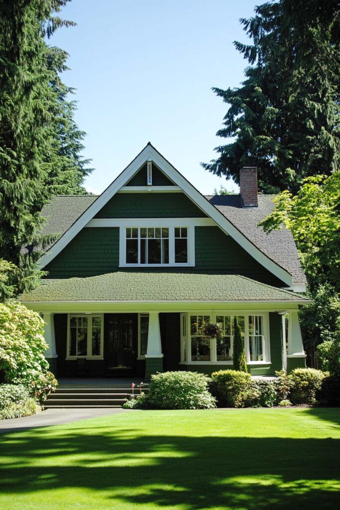 Forest green Craftsman-style home with white trim and large front porch surrounded by evergreen trees and landscaped garden.