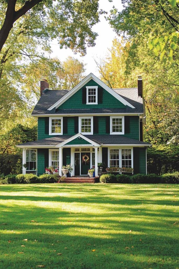Green colonial-style house with white trim, black shutters, and front porch surrounded by trees and lawn.