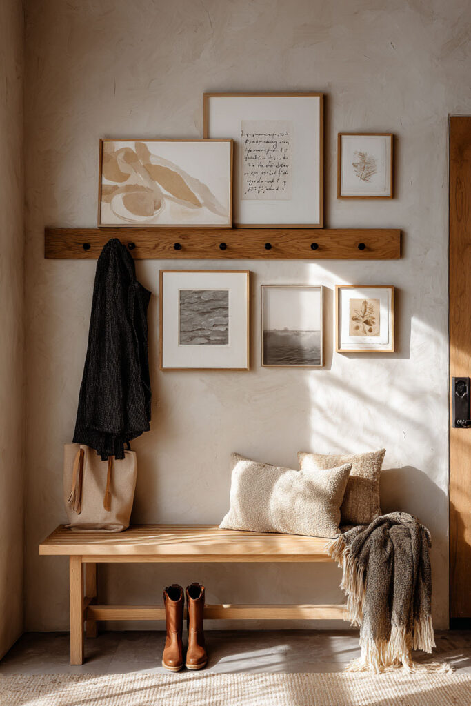 Neutral entryway with wooden gallery ledge, framed art, and cozy bench styling in natural light.
