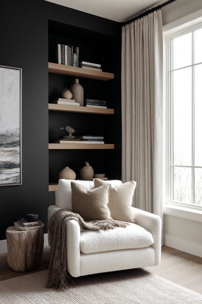 Neutral reading nook with boucle armchair, black accent wall with wood shelves, ceramic decor, and soft beige curtains
