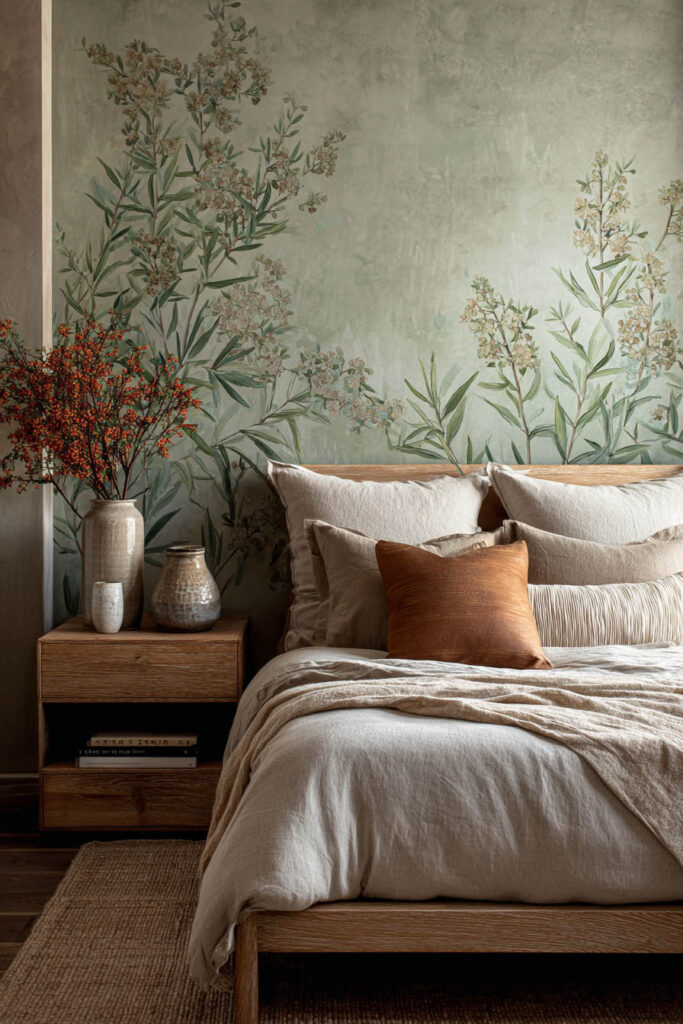 Earthy bedroom with sage green floral mural, natural linen bedding, and terracotta accent pillow for a calm, nature-inspired look.