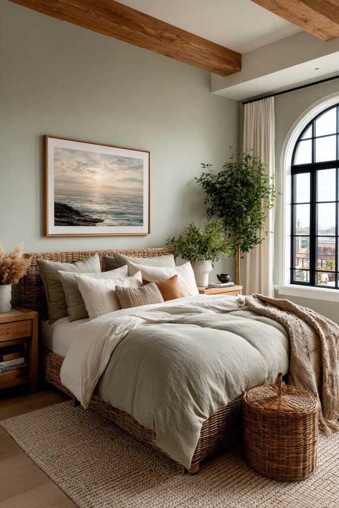 Sage green tropical bedroom with rattan bed frame, wood beams, coastal artwork, and layered neutral bedding.