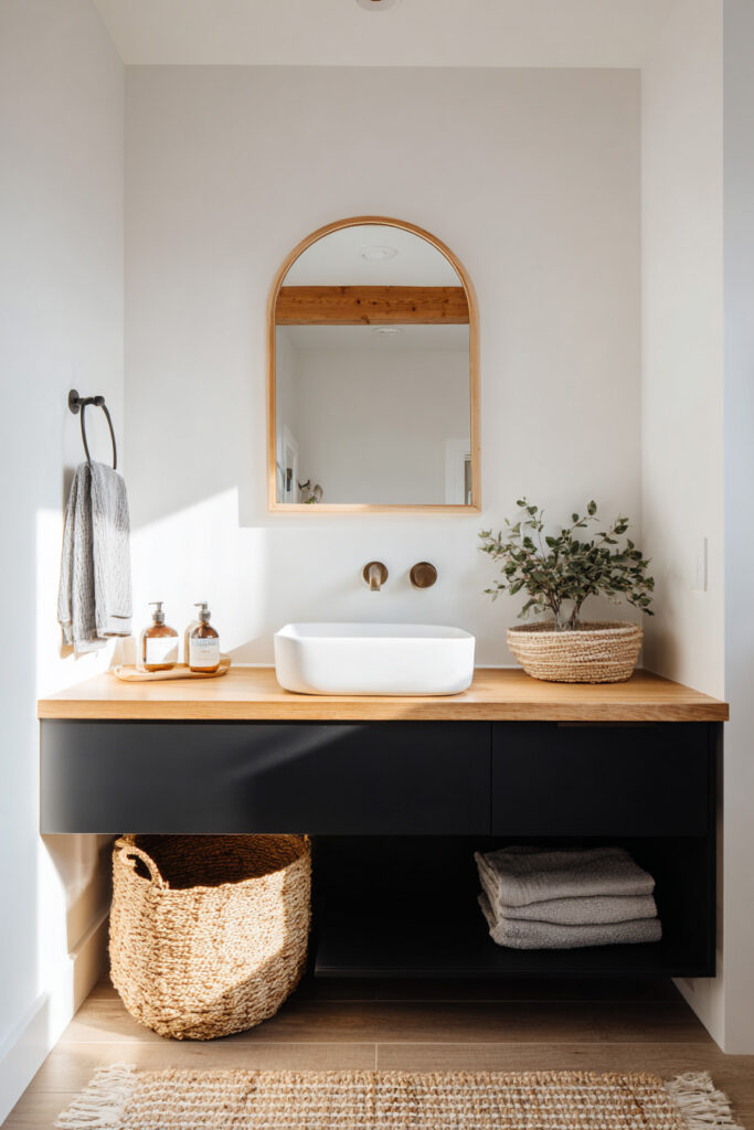 Minimalist bathroom vanity with black and wood cabinetry, a woven basket, round mirror, and natural light streaming in