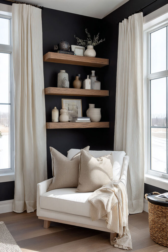 Neutral-toned reading nook with white armchair, floating wood shelves, and ceramic vases styled against a black accent wall and tall windows with light curtains.