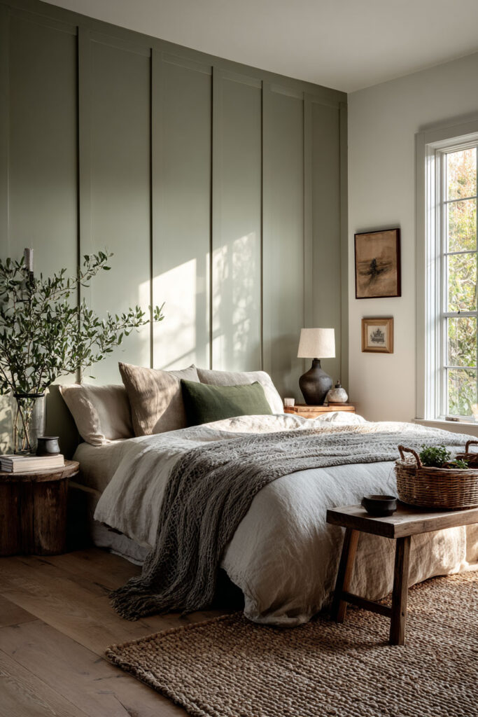 A cozy bedroom with sage green board and batten walls, natural wood furniture, textured linen bedding, and soft morning light filtering through a window.